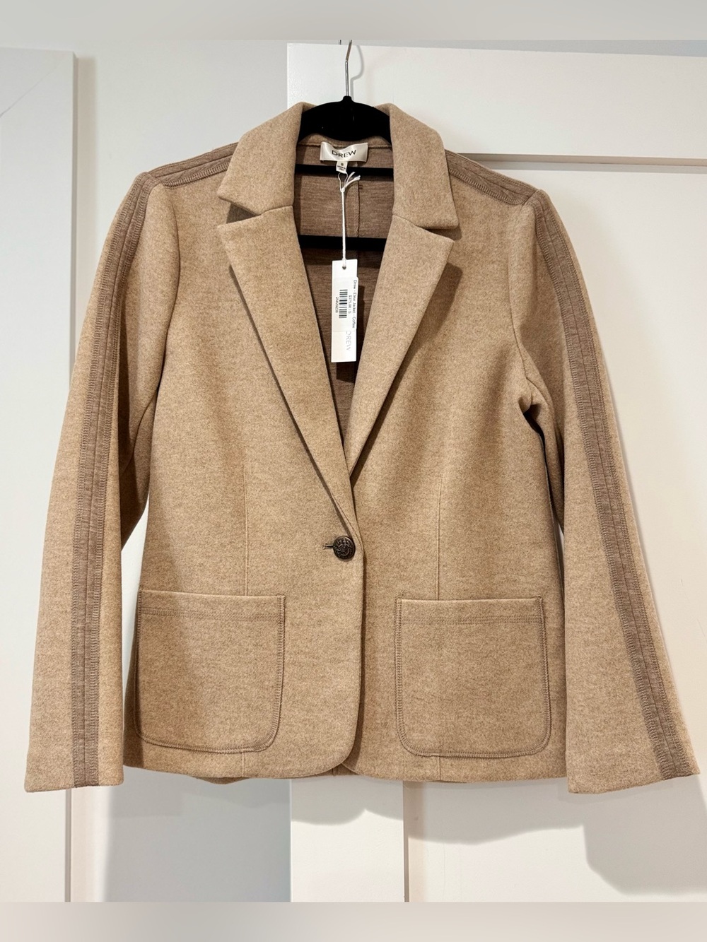 Drew Beige Single-Button Blazer with Stripe Sleeve Detail